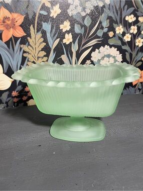 Frosted Sea Green Pedestal Compote Candy Dish MCM Vintage